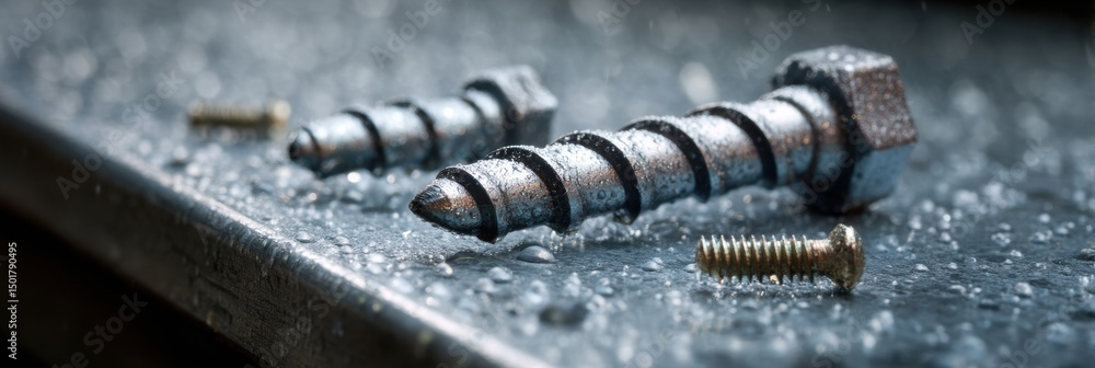 Aufkleber Drill and Screws on Steel Sheet in a Workshop Setting With Soft Background and Subtle Reflections