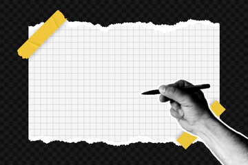 Halftone hand is holding a pen and writing the text. Halftone hand effect in collage style with cut out paper. Hand with pen is writing on the paper,  halftone collage style. Vector