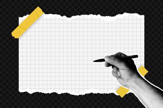 Halftone hand is holding a pen and writing the text. Halftone hand effect in collage style with cut out paper. Hand with pen is writing on the paper,  halftone collage style. Vector