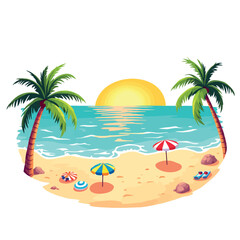 Vsai serene beach scene with palm trees and sunset