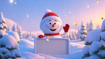 3D close-up of smiling snowman in red hat holding sign, surrounded by snow-covered trees and glowing lights, in winter scene – video download. - Powered by Adobe