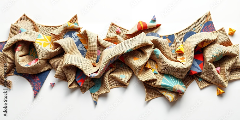 Poster a burlap ribbon with colorful geometric shapes on a white background in a studio setting