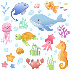 Cute set of undersea elements. Whale, jellyfish, seahorse, turtle, crab, fish, ray, seaweed, starfish and bubbles