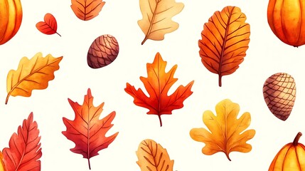 Fototapeta premium Autumn leaves, pumpkins, cones pattern