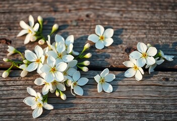 Delicate white spring blossoms scattered on rustic wooden planks, retro-toned , copy space, white flowers