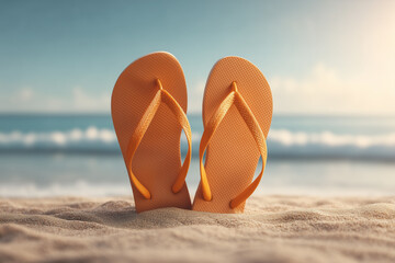 A pair of bright pastel flip-flops stand upright on a sandy beach, set against a calm ocean and clear sky. 