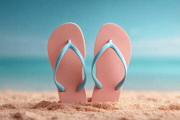 A pair of bright pastel flip-flops stand upright on a sandy beach, set against a calm ocean and clear sky. 