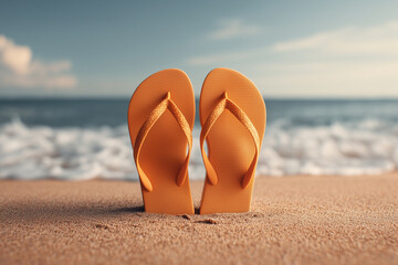 A pair of bright pastel flip-flops stand upright on a sandy beach, set against a calm ocean and clear sky. 