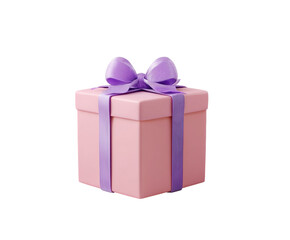 Elegant pink gift box with purple ribbon for celebrations, cut out transparent