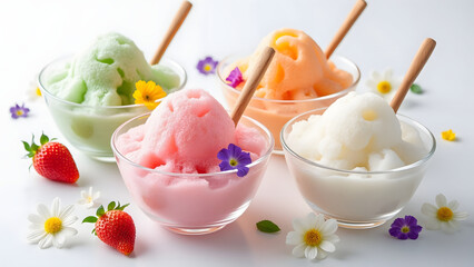 Colorful arrangement of pastel hued shaved ice desserts in glass bowls with wooden spoons, decorated with fresh strawberries and small flowers