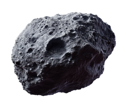 Asteroid with craters and rugged surface in outer space view, cut out transparent