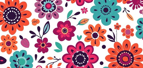 Seamless boho floral vector pattern with organic shapes on white background, bohemian, graphic