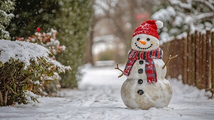 Festive snowman in winter scene.