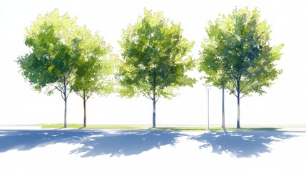 Obraz premium Watercolor painting of a row of green trees casting shadows on the sidewalk.