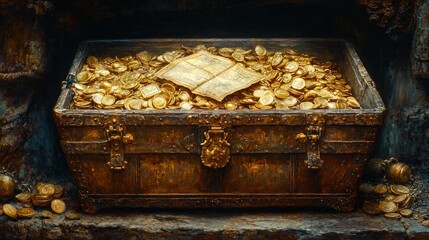 Antique gold treasure chest overflowing with coins and a scroll
