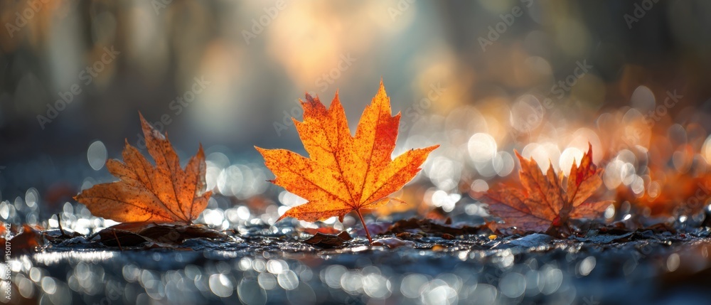 Poster autumn maple leaves lying on wet ground in soft focus with bokeh effect low angle shot