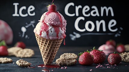 Delicious double scoop ice cream cone with strawberries.
