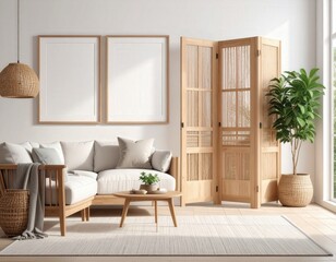 Bright living room with wooden accents white sofa and indoor plants near a window