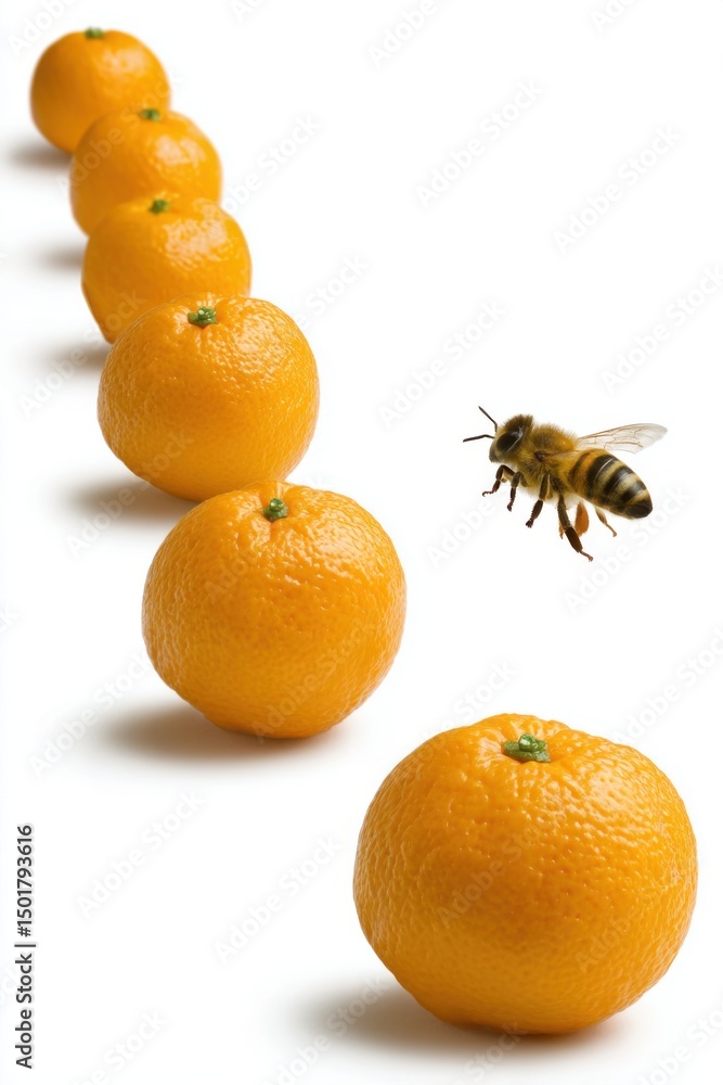 Poster bee approaching row of oranges on white background studio shot eye-level view citrus fruit honeybee 