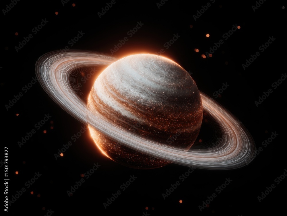 Poster saturn planet with rings in outer space digital rendering close up view science fiction astronomy