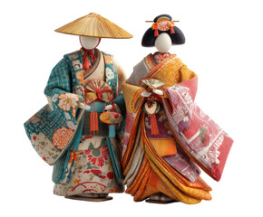 Naklejka premium Traditional Japanese dolls in vibrant kimonos and accessories, cut out transparent