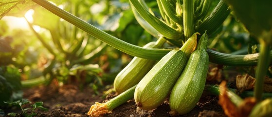 Obraz premium Close Up of Fresh Zucchini Growing in Garden Sunlight Warmth and Greenery Summer Harvest Agriculture Healthy Eating