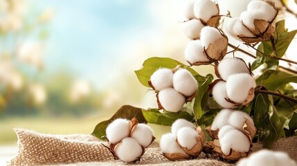 A close-up shot of cotton flowers with green leaves over a rustic background.