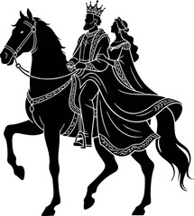 illustration of a romantic king and queen on horseback
