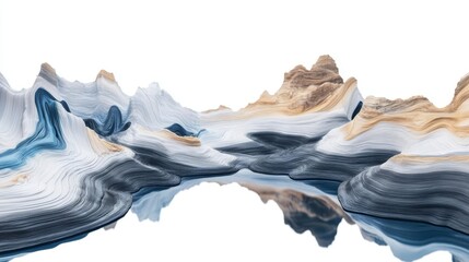 A stunning, abstract landscape with flowing shapes and serene reflections in calming colors of blue and beige.