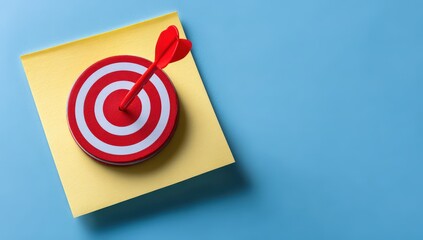 Red dart hitting a target on a sticky note, blue backdrop.