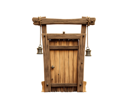 Rustic wooden door with bells for decorative entryway design, cut out transparent