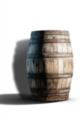 Obraz premium Rustic Wooden Barrel Standing Tall Against White Backdrop with Dramatic Shadow Play Studio Shot