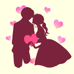 ハートを持った男女　新郎新婦　シルエット