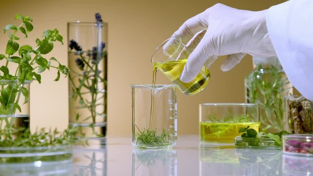 Researcher pouring second layer of herbal extract into beaker for layered infusion test using natural ingredients. Many glass laboratory jars of medicinal herbs are displayed around