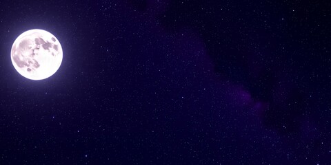 A bright full moon shines in a dark blue night sky filled with stars and a faint purple glow on the right