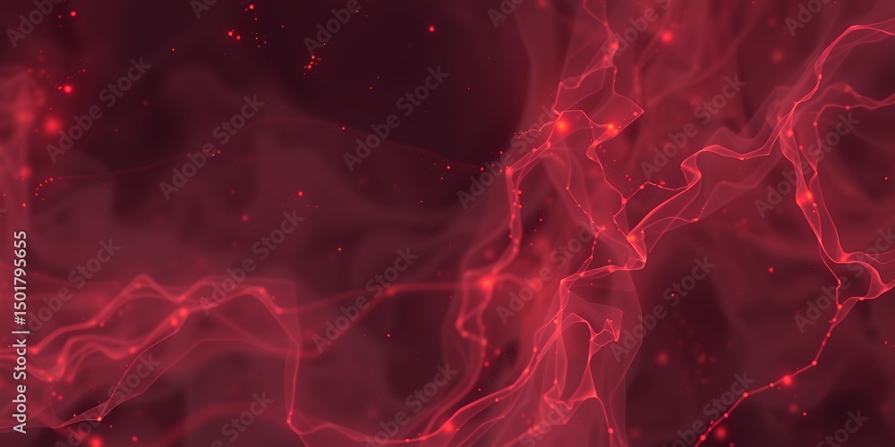 Poster an abstract red nebula cloud with glowing particles floating in a dark space, creating a dreamy scen