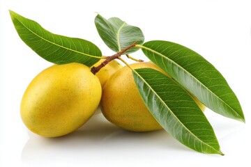 Organic fresh mangoes with golden yellow skin and green leaves, perfect for healthy food concepts