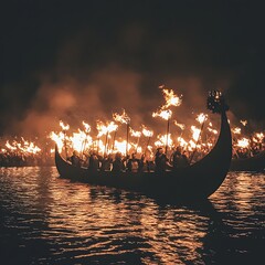 Illuminated longboat procession on a dark water.