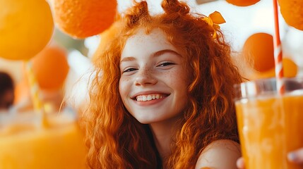 A young girl with vibrant red hair smiles, holding a glass of orange juice.