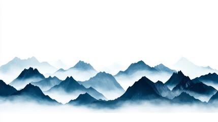 Stunning mountain landscape featuring layered peaks and mist, creating a tranquil, serene outdoor environment.