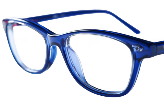 blue, square-shaped glasses on a white background. Product photography, png, transparent