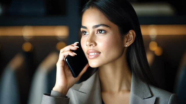 Young woman in a blazer using a mobile phone in a big moll setting at night