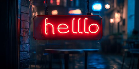 Neon hello sign glows warmly