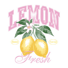 Vintage grunge lemon fruit print design. college varsity text slogan text Limon cello, fruit print graphics. women's graphic tee artwork for food fashion mood, t-shirt design for lemon orange.