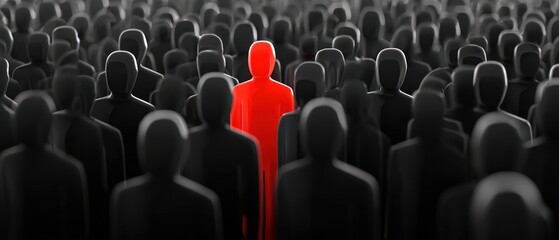 Single red figure stands out in a crowd.