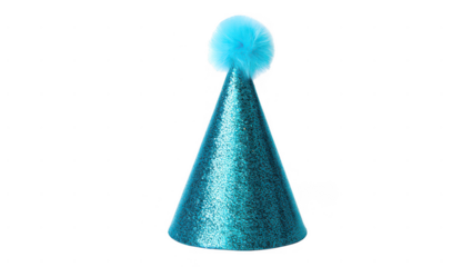 Teal glitter party hat with blue pom pom isolated on transparent background
