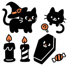 A cute Halloween illustration featuring black cats, candles, a coffin, and candy.