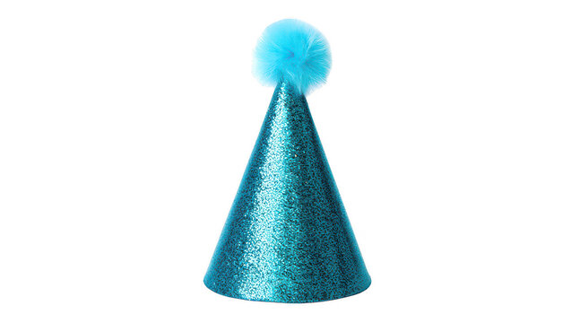 Teal glitter party hat with blue pom pom isolated on transparent background