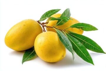 Golden ripe mango fruits with green foliage, displayed cleanly on white background for food and fruit themes