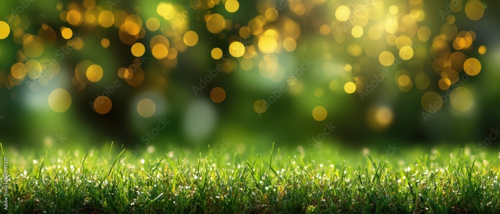 Aufkleber lush green grass with golden bokeh lights background in a low angle ground level view for spring or 